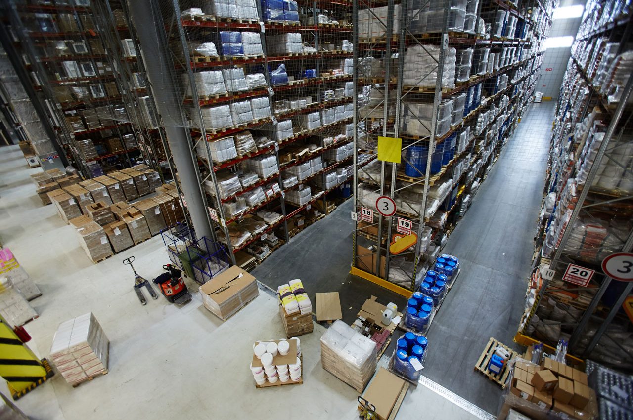View of empty storage house with goods for export