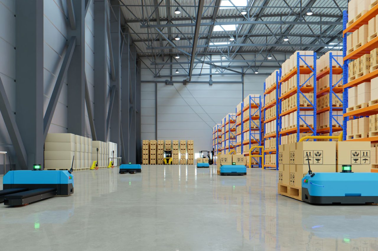 Robots efficiently sorting hundreds of parcels per hour,pallet lifter AGV.3d rendering
